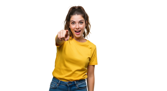 Enthusiastic woman with ponytail, wearing a yellow shirt, points with a smile. A gesture of excitement and positive engagement. - Powered by Adobe