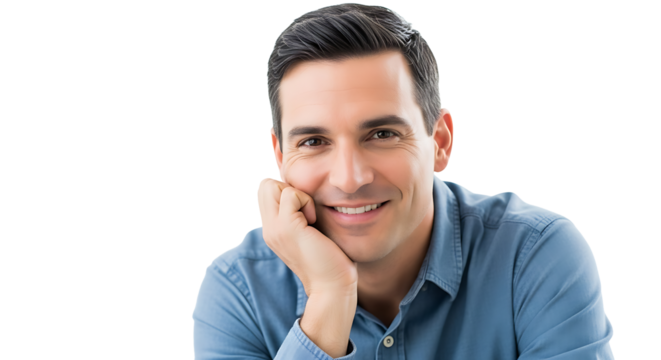 A smiling man with short hair in a blue shirt poses thoughtfully with his head resting on his hand confidently.