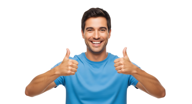 A cheerful man in a blue shirt is radiating positive energy while gesturing with a double thumbs-up on a transparent background.
