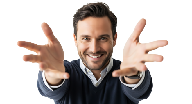 A smiling man with open arms, inviting with a friendly and welcoming gesture, looking directly at the viewer.