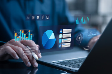 Businessman use laptop with analyzing artificial intelligence trends and forecasting future business growth through data visualization and market analysis.