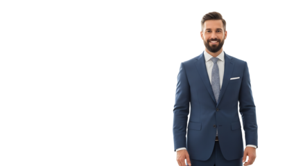 Sharp-dressed man smiles confidently, presenting a professional image in his navy blue suit and patterned tie ensemble.