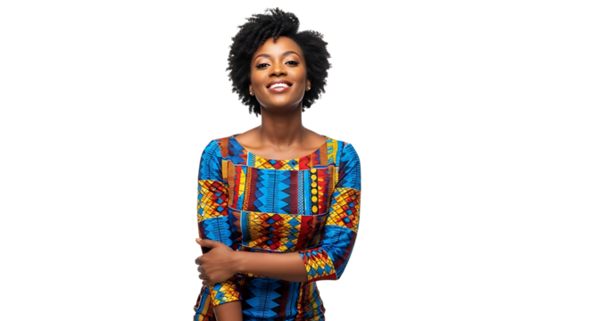Portrait of a woman with a warm smile and wearing a colorful African print dress against a plain background.