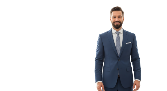 Sharp-dressed man smiles confidently, presenting a professional image in his navy blue suit and patterned tie ensemble.