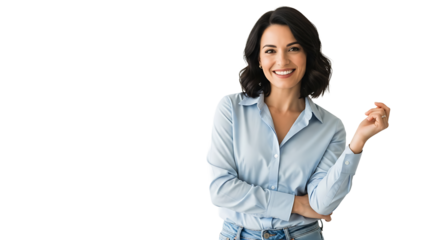 A cheerful brunette woman in a blue collared shirt and jeans smiles confidently against a transparent background.
