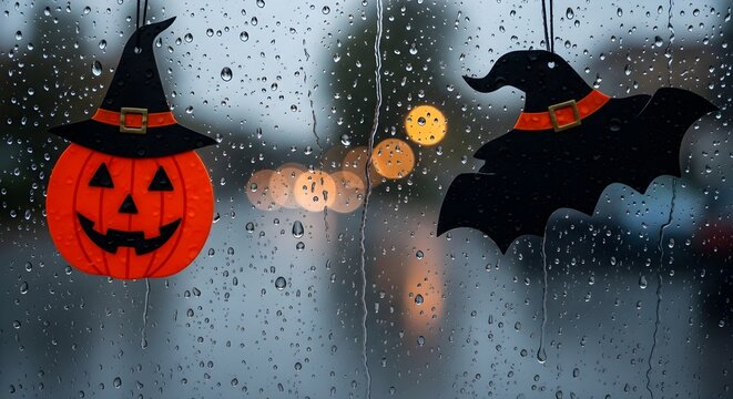 A melancholic yet beautiful view pasca Halloween, with rain-streaked glass framing spooky decorations, capturing the atmospheric quiet after the celebratory night