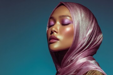 Artistic beauty portrait of woman wearing pink metallic hijab and purple eye makeup against teal background