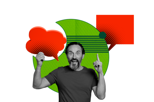 Photo picture collage shocked man reply message textbox idea find solution finger gesture showing smart think excited laughter bubble