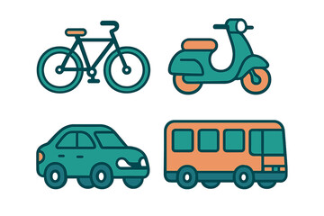 Bicycle scooter automobile and public transit bus set of four common transportation symbols