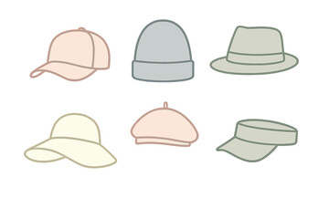 Set of six different headwear styles including caps, beanies, and sun hats in pastel colors
