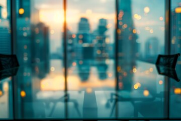 Fototapeta premium Blurred conference room with city view at sunset