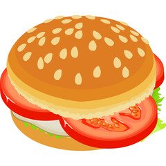 Stylized Isometric Burger Icon with Sesame Seed Bun Fresh Tomato Slices Lettuce and Cheese on Transparent Background