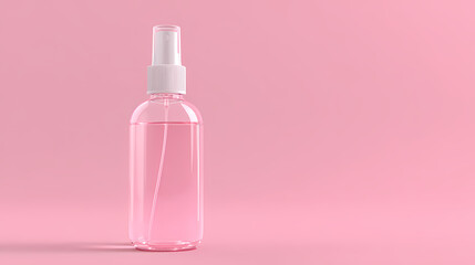 A close-up shot of a transparent spray bottle filled with pink liquid, set against a pink backdrop. The bottle's simple design and the soft hues create a sense of elegance and cleanliness.