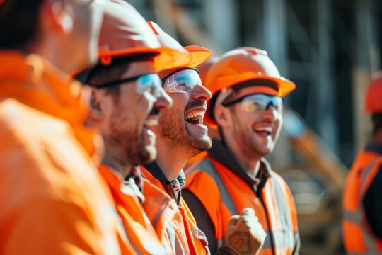 Group of young construction workers laughing together