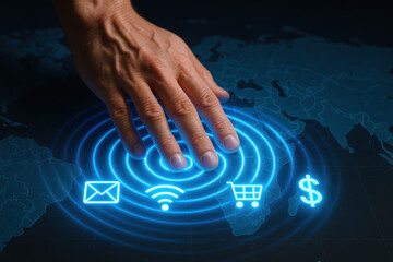 Glowing neon blue spreads from hand pressing digital map showing communication commerce and technology icons