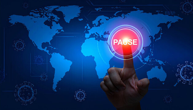 A digital blue background showing a world map with virus icons and a pause button