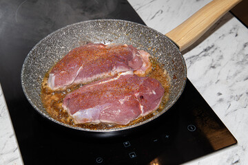 Traditional barbecue gourmet duck breast filet with skin served with herbs as close-up in a rustic skillet 