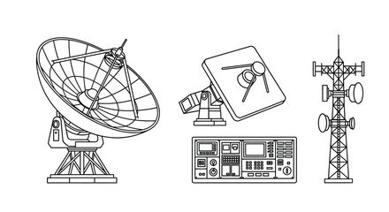 Detailed line art depicts satellite dish communication tower and electronic control panel set vector