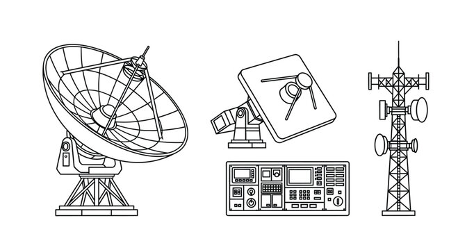 Detailed line art depicts satellite dish communication tower and electronic control panel set vector