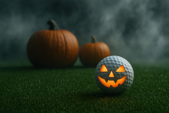 Spooky eerie Halloween mood and glowing jack lantern face on golf ball create mysterious autumn atmosphere - Powered by Adobe