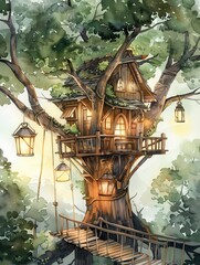 Watercolor illustration of an imaginative treehouse built among large branches with glowing lanterns, rope bridges, and cozy wooden rooms, magical storybook atmosphere, generative ai illustration.