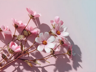 Fototapeta premium Delicate pink flowers with shadows on soft pastel background for floral decoration