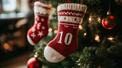 knitted christmas advent calendar sock with number 10 hanging on decorated christmas tree festive handmade ornament holiday tradition cozy seasonal decoration
