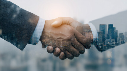 double exposure of a businessman shaking hands with a futuristic cityscape in the background, representing the business handshake concept with a double exposure effect.