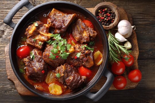 Homemade Spicy Oxtail Stew: Authentic Spanish Rabo de Toro with Tomatoes, Celery, and Peppers - Top View Close-Up on Wooden Table