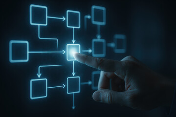 Glowing nodes and flowchart connections light up digital workflow and technology interface in vibrant blue