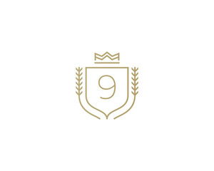 Premium number 9 ornate logotype. Elegant numeral crest logo icon vector design. Luxury figure shield crown sign. Concept for print or t-shirt .