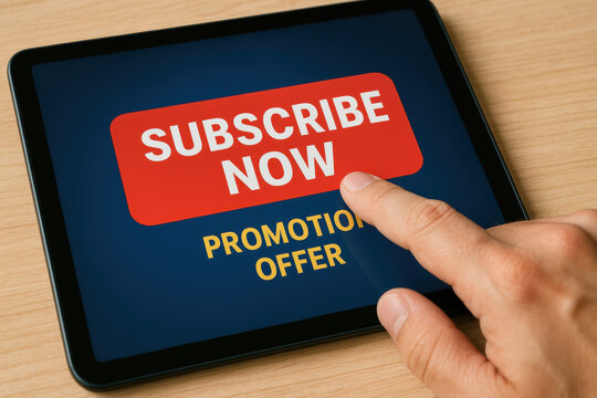 Subscribe and promotion offer combine with marketing and communication through hand tap or touch on tablet
