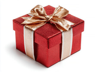 Obraz premium A vibrant, festive scene centered around a red and gold wrapped gift box on a white surface - AI-Generated