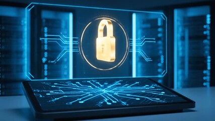 Glowing lock over digital display with circuit board, symbolizing data security. Server racks in the background - Powered by Adobe