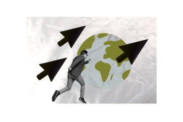 Composite photo collage of hurry man run relocation summer travel cursor gps pointer direction map migration isolated on painted background