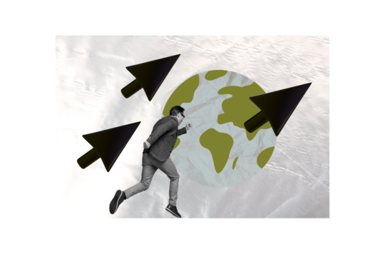 Composite photo collage of hurry man run relocation summer travel cursor gps pointer direction map migration isolated on painted background