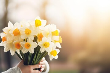 Woman holding a bouquet of beautiful narcissus flowers on a sunny spring day