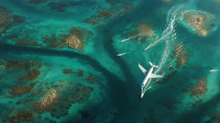 Aerial view of plane and boats over turquoise water