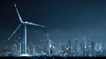 Wind Turbines and City with Data Network