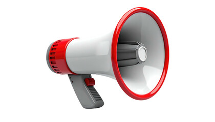 Red and white megaphone with gray handle, isolated on a black background with clean smooth details and defined shadows