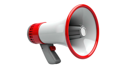 Red and white megaphone with gray handle, isolated on a black background with clean smooth details and defined shadows