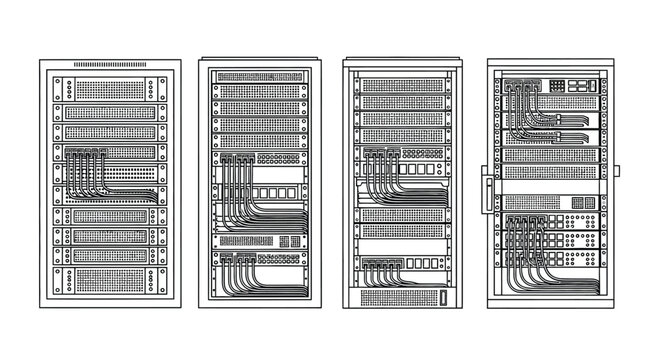 Retro computer rack systems vintage technology data processing equipment panels schematic diagrams vector