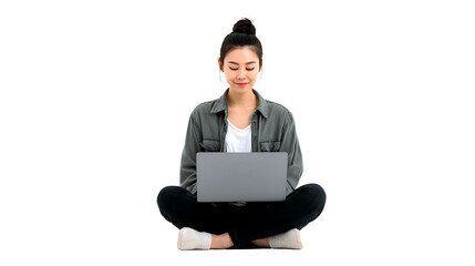 Asian girl sitting cross-legged using laptop, isolated on a white background