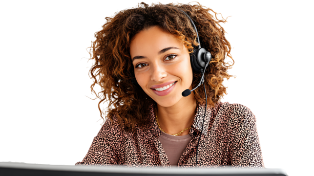 Latina woman wearing headset working remotely on computer, isolated on a white background - Powered by Adobe