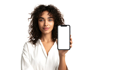 Woman holding smartphone showing blank screen, isolated on a white background