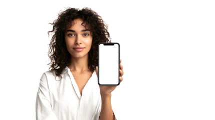 Woman holding smartphone showing blank screen, isolated on a white background