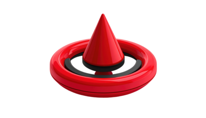 Glossy red cone sits centered on a ring above a black interior space, all on black ground