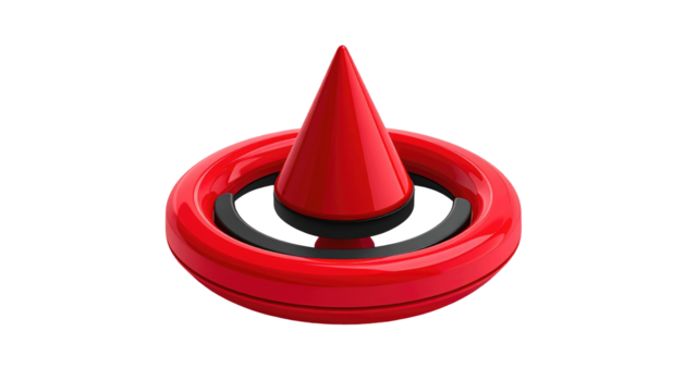 Glossy red cone sits centered on a ring above a black interior space, all on black ground