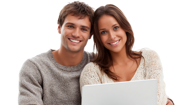 cheerful young couple shopping online with credit card and laptop isolated on white background
