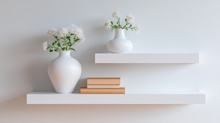 Modern Minimalist Shelves with White Vases and Fresh Flowers on Clean Background for Stylish Interior Decoration